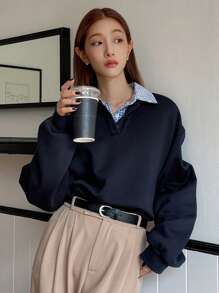 Dazy-Less 女士休闲格子拼接长袖卫衣，复古风格长袖上衣，秋季商务休闲女装 - 藏蓝色 - 查看 6