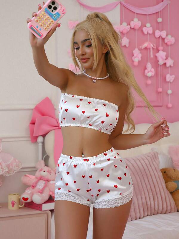 PetitDoll Heart Print Bandeau Satin Lingerie Set Bridallingerie