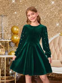 Dziewczęca sukienka świąteczna w jednolitym kolorze, z okrągłym dekoltem i perłowymi zdobieniami, z długim rękawem i nadrukiem