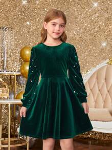 Dziewczęca sukienka świąteczna w jednolitym kolorze, z okrągłym dekoltem i perłowymi zdobieniami, z długim rękawem i nadrukiem