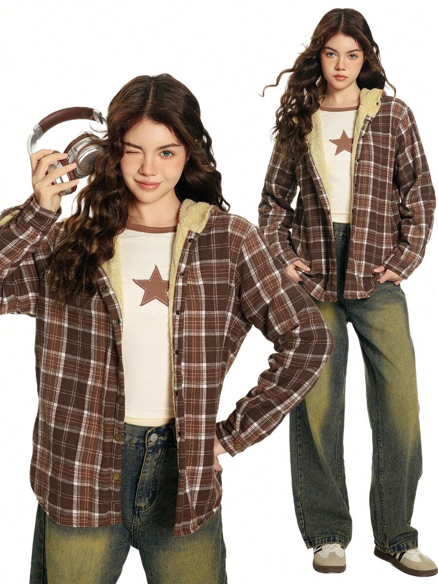 SHEIN Teen Girl Casual Retro Plaid Teddy Lined Drawstring Hooded Warm Jacket - Multicolor - View 1