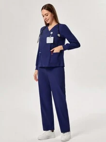 TaskEZ V领长袖4口袋撞色休闲女式T恤洗刷制服套装衬衫和女士工作服直筒裤健康检查手术洗刷制服套装女士纯色宠物美容工作洗刷制服套装营养师工作服短袖实验室工作服女式两件套，多口袋功能性工作服，上衣领口带拉链方便穿脱，下身松紧腰带方便穿脱 - 藏蓝色 - 查看 4