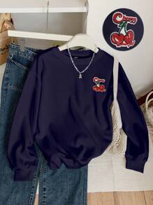 Muchica 樱桃字母刺绣休闲简约图案圆领长袖厚款女式运动衫，秋冬 - 藏蓝色 - 查看 1