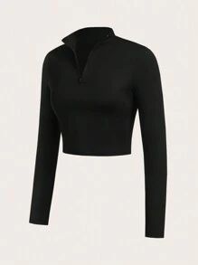 SHEIN Essnce 3 件套女士运动套装，罗纹立领半拉链长袖 T 恤，运动胸罩吊带背心，高腰紧身裤，女士套装，黑色紧身裤，黑色紧身胸衣上衣，工装裤 - 黑色 - 查看 7