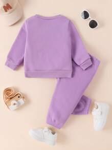 女婴 2 件套休闲字母印花运动衫和裤子套装，保暖内衬，秋冬 - 紫色 - 查看 3