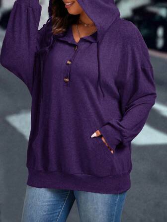 Plus Size Solid Color Hooded Drawstring Pocket Long Sleeve Sweatshirt Graduation,Back To School Outfits,Graduation,Teacher Outfits For Women,Back To School Pullover Fall Outfit Winter Autumn