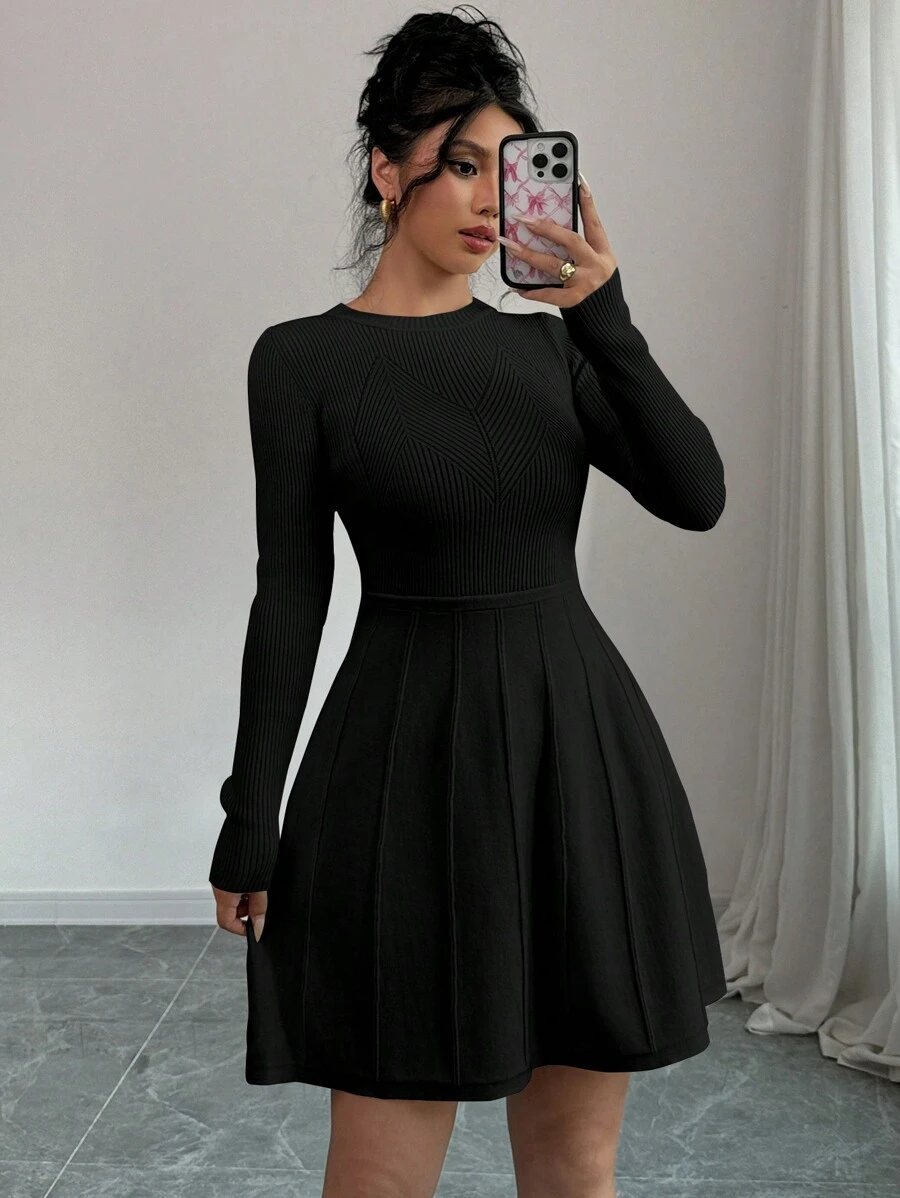 Chiquease Solid Color Figure-Flattering A-Line Knee-Length Bodycon Sweater Dress - Black - View 1