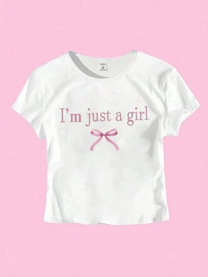 SHEIN Explorewe Tween Girl 圆领短袖字母印花休闲衬衫，优雅适合日常穿着、婚礼宾客