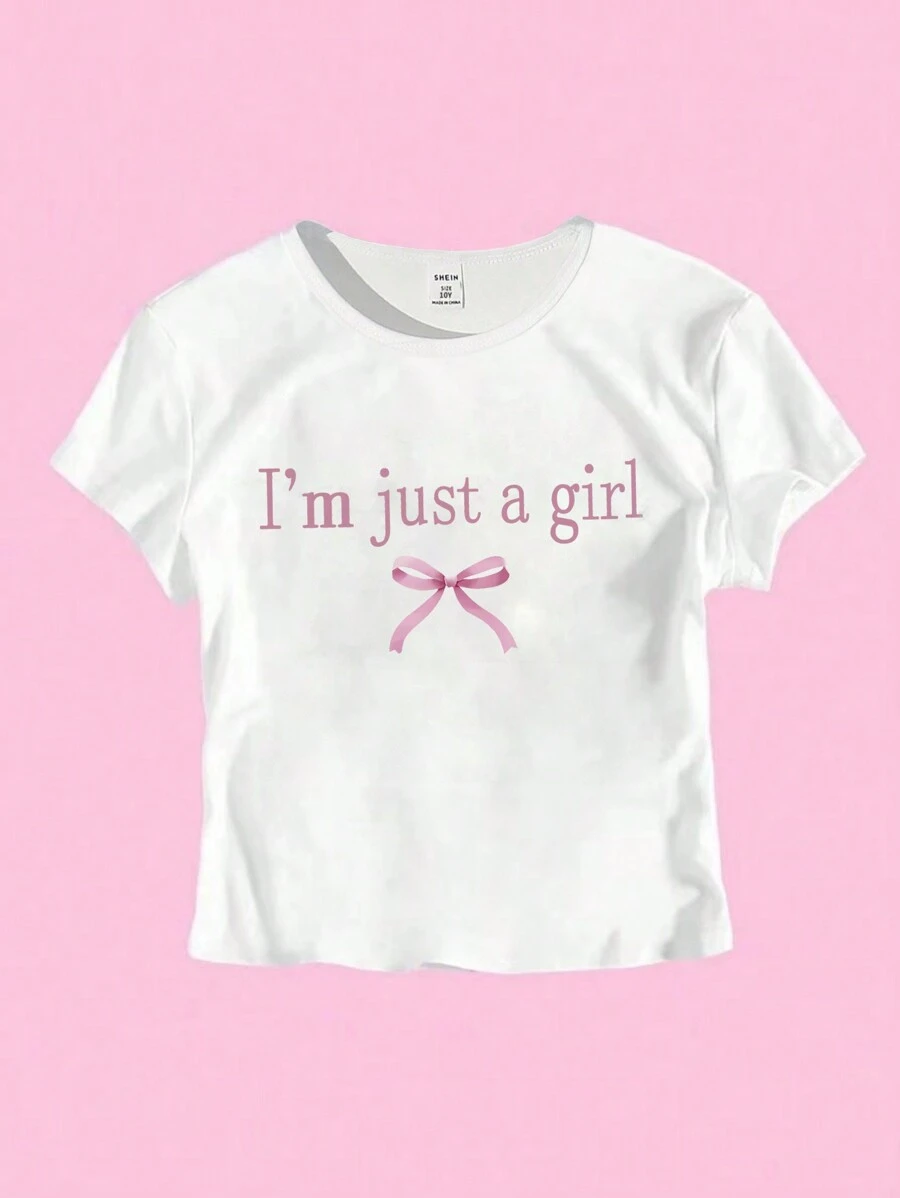 SHEIN Explorewe Tween Girl 圆领短袖字母印花休闲衬衫，优雅适合日常穿着、婚礼宾客 - 白色 - 查看 1