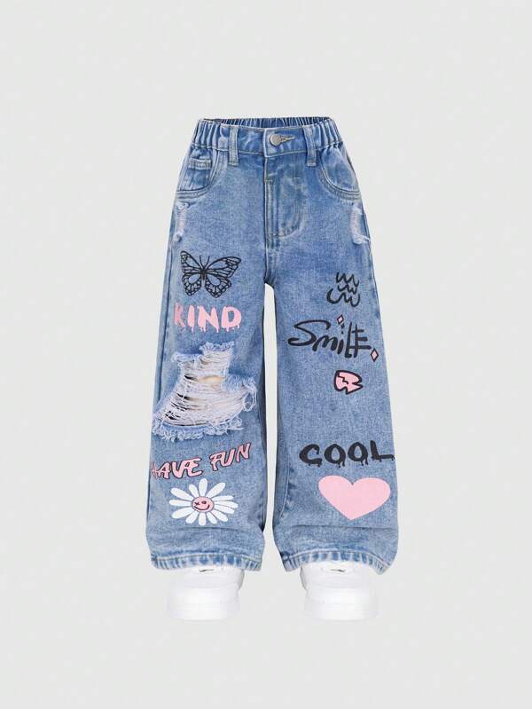 SHEIN Young Girl' Medium Wash Ripped Casual Wide Leg Print Denim Jeans Summer Holiday