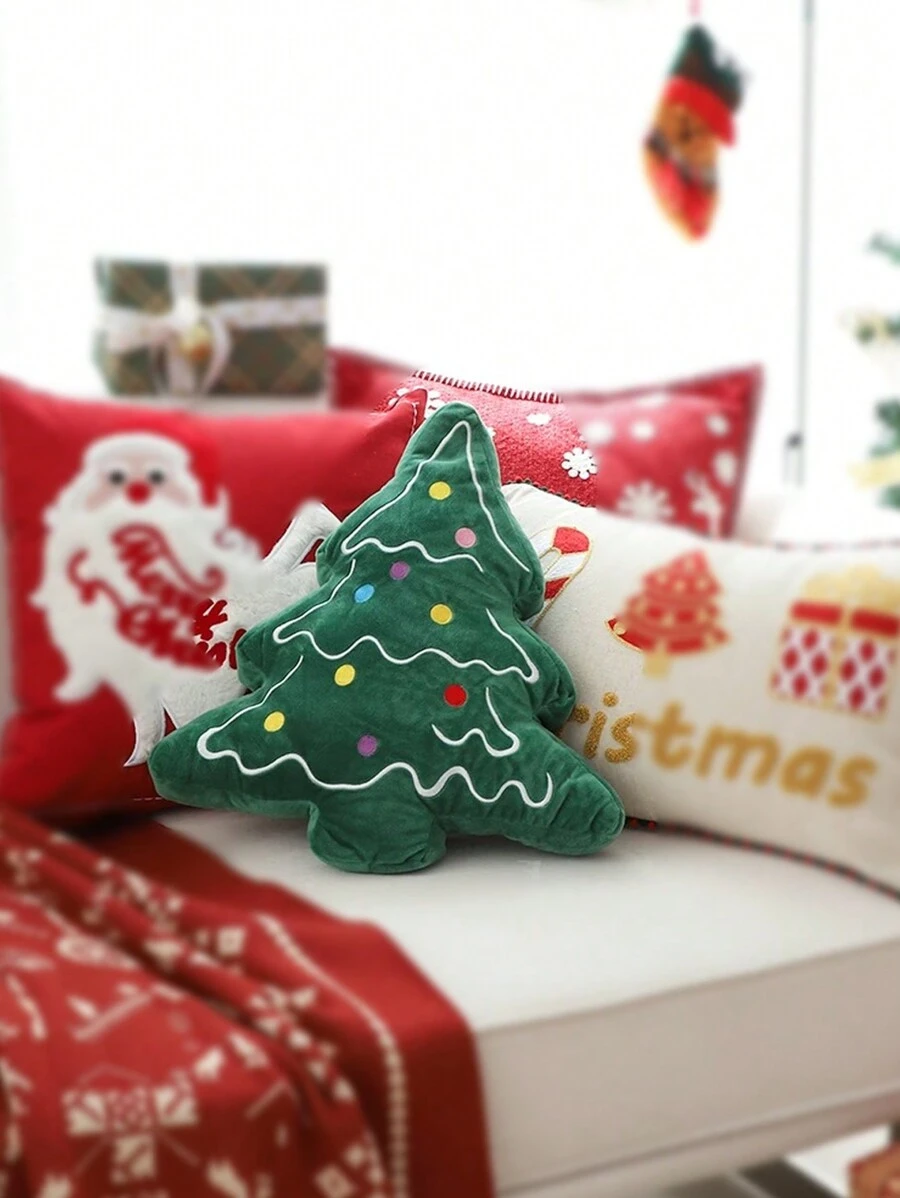 1pc Christmas Tree Pattern Throw Pillow Decor, Suitable For Living Room Sofa, Bedroom - Green - View 1