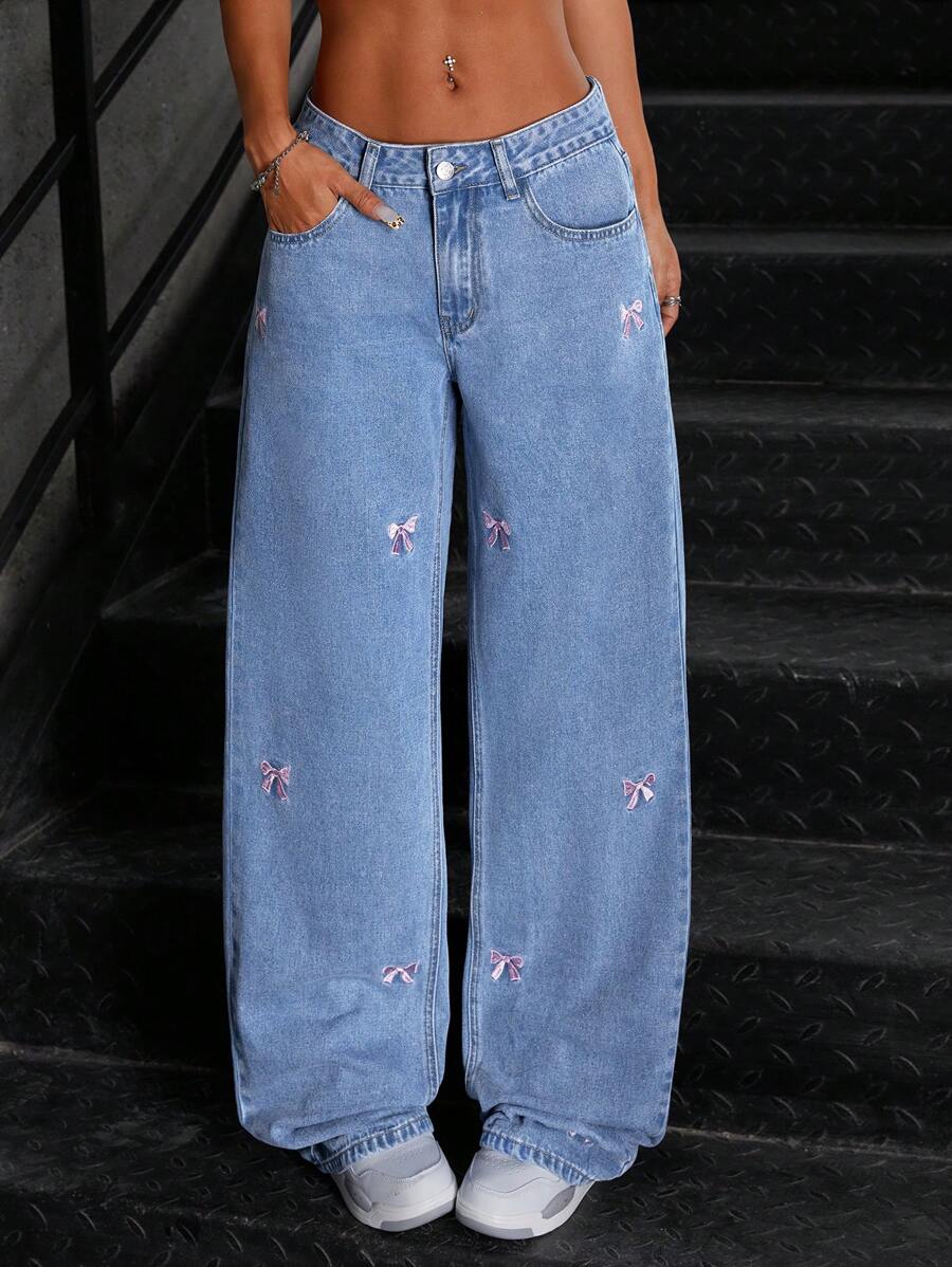 SHEIN ICON Simple Front Button Patch Pocket Bow Embroidery Washed Denim Jeans, Casual Everyday Wear