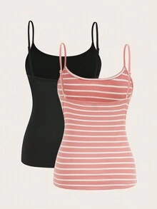 2pcs/Set Casual Black & White Solid Color Versatile Plus Size Women Camisole Tank Top, Suitable For Summer - Multicolor - View 2