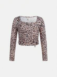 SHEIN Tween-Mädchen Lässiges 2-teiliges Set aus kurz geschnittenem T-Shirt mit Leopardenmuster, langen Ärmeln, Kordelzug und Cargohose