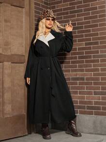 SHEIN EZwear 大码女式拼色翻领双排扣长款休闲风衣，秋季 - 黑色 - 查看 3