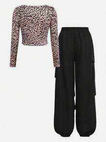 SHEIN Tween-Mädchen Lässiges 2-teiliges Set aus kurz geschnittenem T-Shirt mit Leopardenmuster, langen Ärmeln, Kordelzug und Cargohose