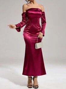 SHEIN Belle Women's Burgundy Red Off-Shoulder Formal Evening Dress,Elegant Fishbone Waist Stretch Knit Luxury Banquet Party Gown For Wedding Guest,Homecoming - Burgundy - View 7