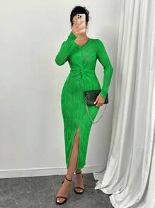 Chiquease Women's New Texture Knot Detail Split Front Knit Dress Fall Cloth For Women - Green - View 3