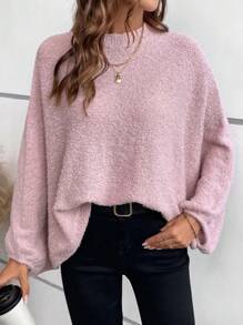 SHEIN LUNE Women's Solid Color Round Neck Batwing Sleeve Loose Casual Sweater, Autumn & Winter, Knit Pullover Fall - Dusty Pink - View 3
