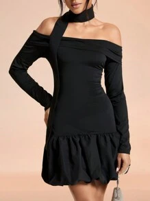 SHEIN Belle 女士露肩纯色荷叶边下摆晚礼服 - 黑色 - 查看 6