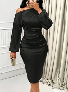 SOLERSUN 不对称领口褶皱侧缎紧身连衣裙长款女装 - 黑色 - 查看 5