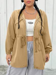 SHEIN EZwear 大码女式休闲纯色抽绳腰连帽夹克，秋季 - 卡其色 - 查看 7