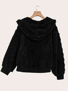 SHEIN LUNE 秋冬季加大码加厚双层抓绒连帽保暖外套 女款秋季几何图案双面连帽抓绒假日外套 - 黑色 - 查看 3