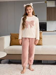 SHEIN Tween Girls Pajamas: Comfortable Warm Fleece Bowknot Embroidered Striped Long Sleeve Top And Long Pants 2-Piece Home Wear Set, Autumn/Winter - Multicolor - View 8