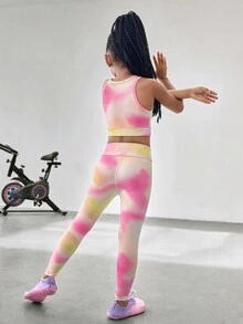 SHEIN 年轻女孩运动跑步骑行网球羽毛球体操舞蹈针织弹力柔软透气吸湿排汗时尚扎染印花服装 - 彩色 - 查看 2