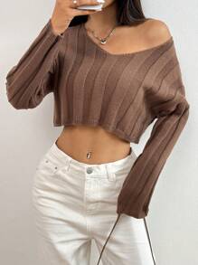 SHEIN Unity 女士休闲纯色罗纹宽松短款套头衫 - 咖啡棕 - 查看 7