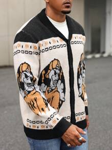 Manfinity Homme Sweater Kardigan Pria Ukuran Besar Kasual Sehari-hari dengan Motif Tengkorak dan Blok Warna, Kancing Depan, Musim Gugur/Dingin - MultiWarna - View 6