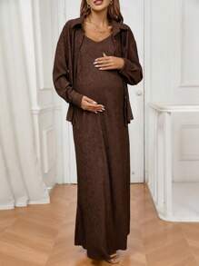 SHEIN 2pcs/Set Pregnant Women Solid Color Long Sleeve Loose Jacket And Sleeveless Casual Dress, Autumn, For Maternity