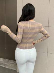 DAZY 女式拼色单排扣开衫毛衣，秋季透视装，秋季女装 - 卡其色 - 查看 5