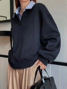 Dazy-Less 女士休闲格子拼接长袖卫衣，复古风格长袖上衣，秋季商务休闲女装 - 藏蓝色 - 查看 8