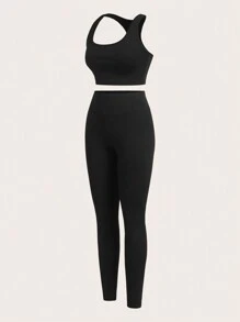 SHEIN Essnce 3 件套女士运动套装，罗纹立领半拉链长袖 T 恤，运动胸罩吊带背心，高腰紧身裤，女士套装，黑色紧身裤，黑色紧身胸衣上衣，工装裤 - 黑色 - 查看 5