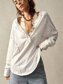 Bohemela 1 件女士休闲纯色落肩长袖宽松运动衫，秋冬长袖上衣 - 白色 - 查看 3