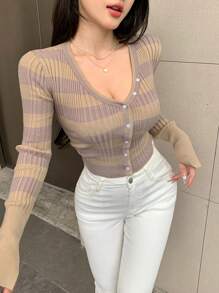 DAZY 女式拼色单排扣开衫毛衣，秋季透视装，秋季女装 - 卡其色 - 查看 1