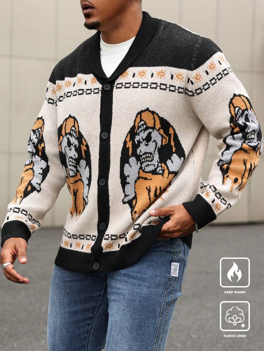 Manfinity Homme Sweater Kardigan Pria Ukuran Besar Kasual Sehari-hari dengan Motif Tengkorak dan Blok Warna, Kancing Depan, Musim Gugur/Dingin - MultiWarna - View 1