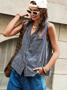 Bohemela 女士宽松度假条纹无袖上衣 - 藍白色 - 查看 4