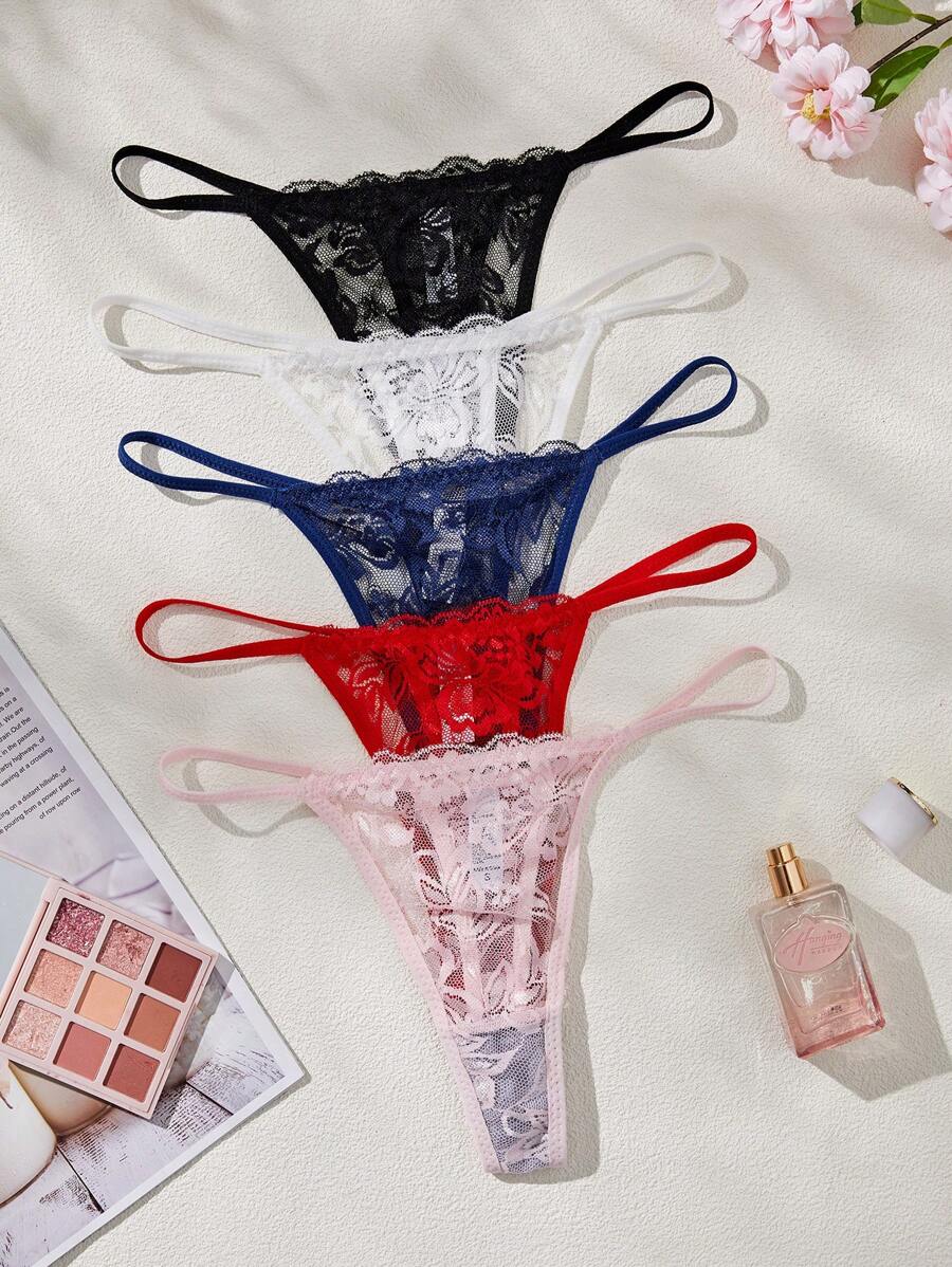 SHEIN 5pcs/Pack Sexy Lace Women's G-String Panties, Breathable & Comfortable Underwear, Lingerie - Multicolor - View 1