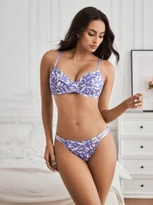 Corpse Bride X SHEIN Women Purple Printed Padded Underwire Bra And Comfortable Low-Rise Panty Set - Dusty Purple - View 4