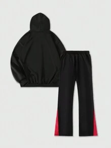 ROMWE MEN Street Life Men Casual Figure & Slogan Print Hoodie With Contrast Color Stitching Star Pattern Sweatpants Set, Autumn - Multicolor - View 2