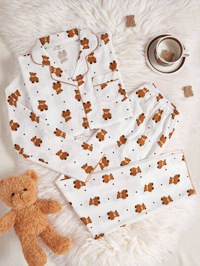 2 sztuki/zestaw nastoletnich dziewcząt słodki nadruk niedźwiedzia długi rękaw top i spodnie swobodny wygodny zestaw piżamowy