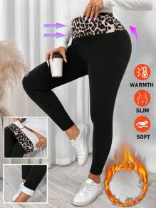 SHEIN LUNE Plus Size Women Leopard Patchwork Fleece Leggings Airport Holiday - Black - View 1