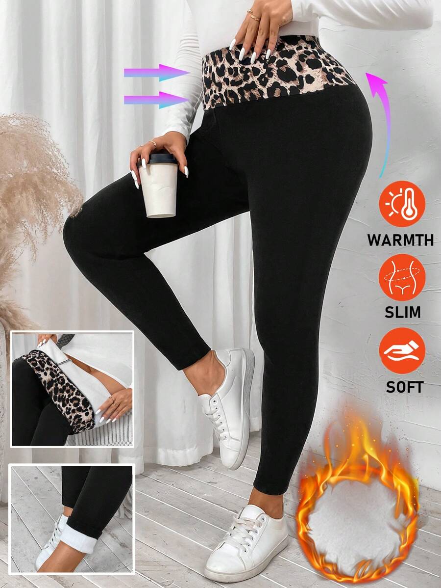 SHEIN LUNE Plus Size Women Leopard Patchwork Fleece Leggings Airport Holiday - Black - View 1