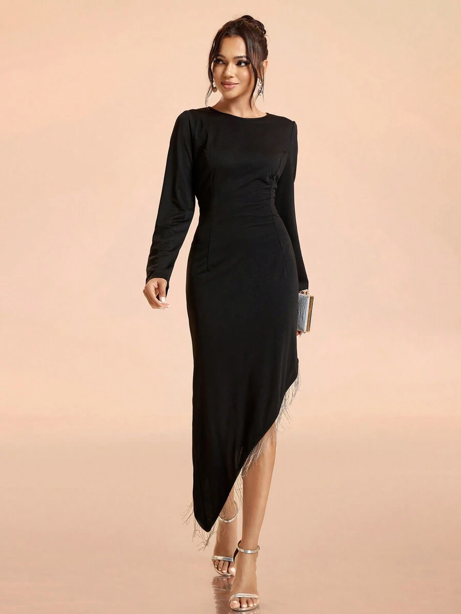 SHEIN Belle Đầm dự tiệc cocktail cổ tròn bó sát thời trang và thanh lịch cho nữ (thủ công tinh xảo), viền nối xích bất đối xứng, thời trang, thanh lịch và tao nhã, đầm dạ hội bán trang trọng dài tay, cho sinh nhật, khách dự tiệc cưới, tốt nghiệp, về quê - màu đen - Xem 1