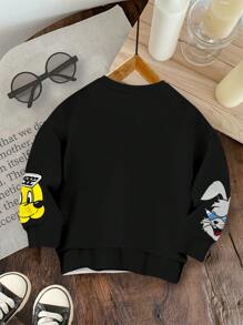 SHEIN 可爱兔子，男婴休闲简约卡通兔子图案宽松保暖内衬柔软圆领套头连帽衫运动衫，适合秋冬季 - 白色 - 查看 4