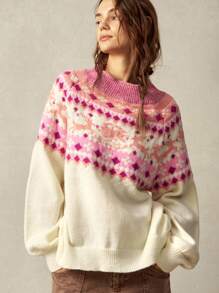 Bohemela Vacation Print Pattern Crew Neck Long Sleeve Women Sweater - White - View 5