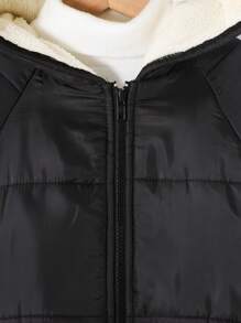 SHEIN Tween Girl Losse Casual Minimalistische Comfortabele Zwarte Gewatteerde Korte Gewatteerde Jas, Warme Voering Voor De Winter