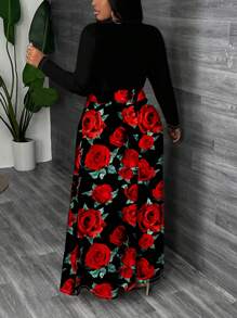 Slaydiva 休闲简约全印花玫瑰花卉大码连衣裙，适合秋冬季 - 彩色 - 查看 2